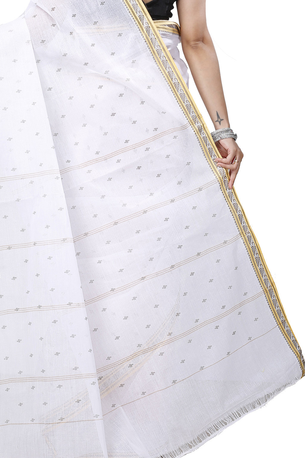 White Golden Pure Cotton Regina Tant Saree (988)